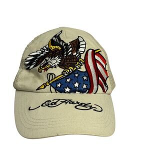Y2K‎ Ed Hardy Eagle American Flag Tattoo Trucker Hat Tan Mesh Snapback Cap